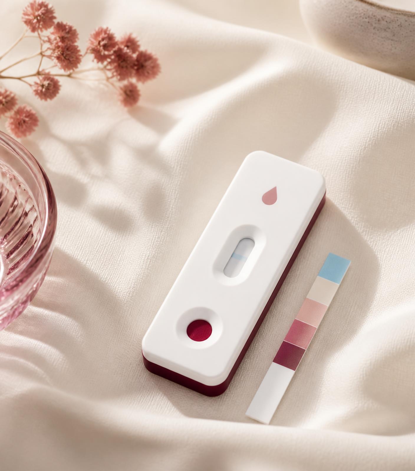 Medeva vaginal discharge self-test kit next to a pH strip